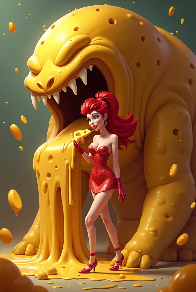 Full body Jessica Rabbit cartoon style art eating cheese while behind a cheese monster she tries to catch her. 