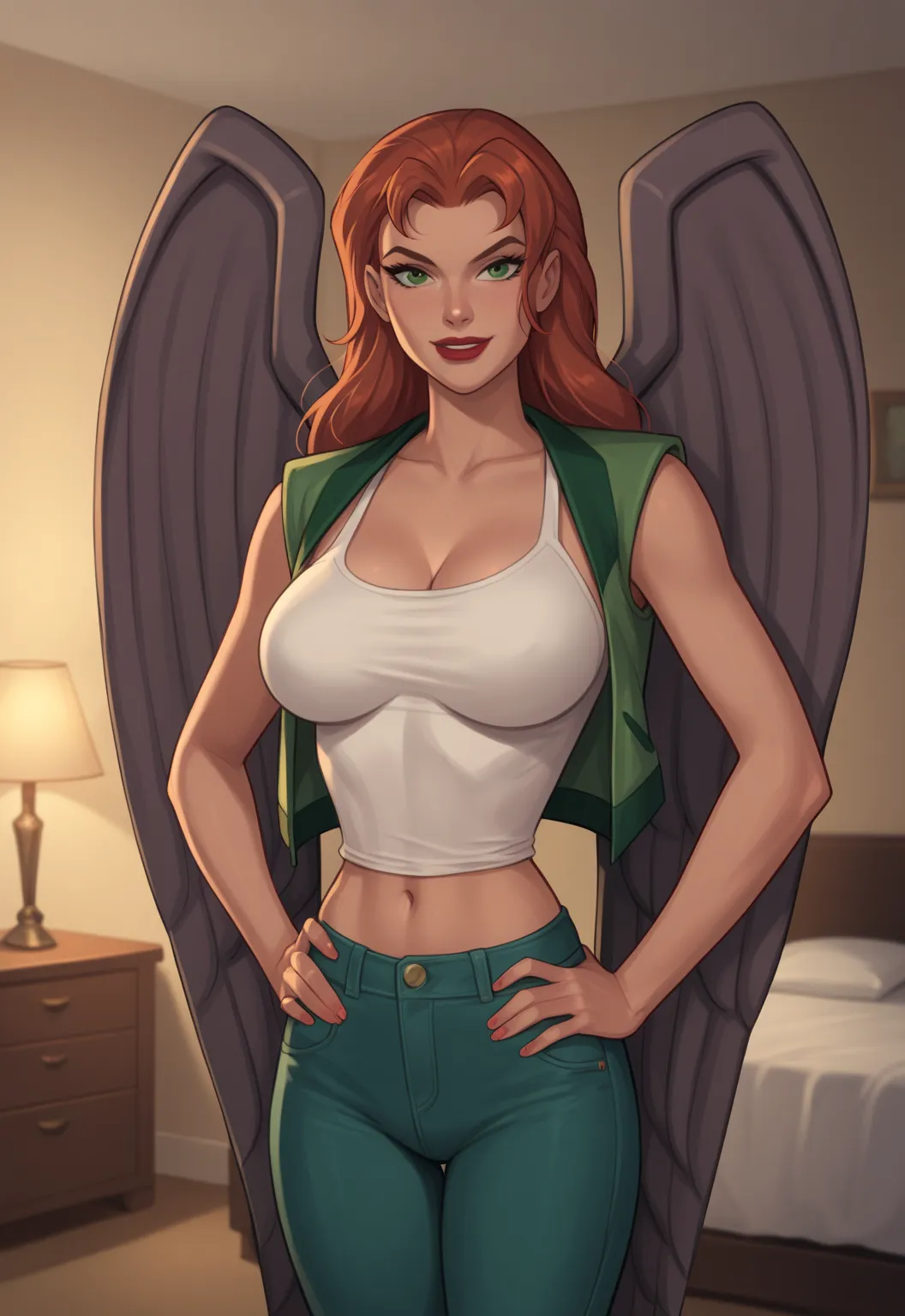 safe_pos, PonyXLV6_Scores BREAK ((retro artstyle, parody)), perfect anatomy, cowboy shot) shayera hol, wings, long hair, green eyes, ((looking at viewer)), superhero, red racerback tank top, green jeans, green bomber jacket, curvy, athletic, large breasts,...