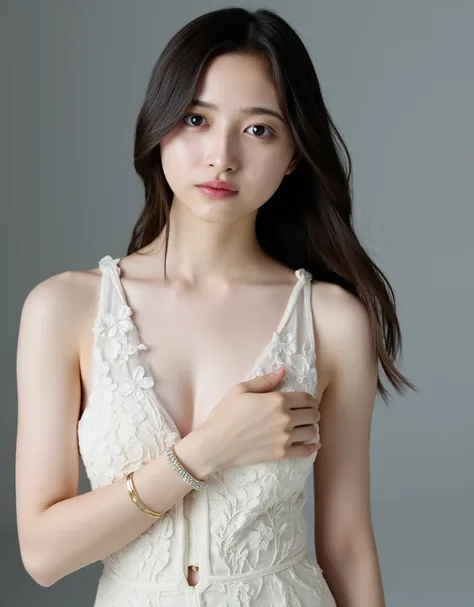 This is a photo of a skinny and snow-white skin young woman. She was soaked through, with sweaty skin and panting heavily, Moist and radiant white skin. She is wearing an elegant, sleeveless, off-white sheer drees with intricate white floral lace embroider...