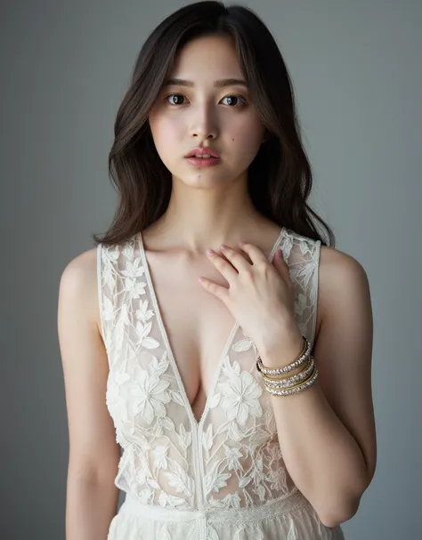 This is a photo of a skinny and snow-white skin young woman. She was soaked through, with sweaty skin and panting heavily, Moist and radiant white skin. She is wearing an elegant, sleeveless, off-white sheer drees with intricate white floral lace embroider...