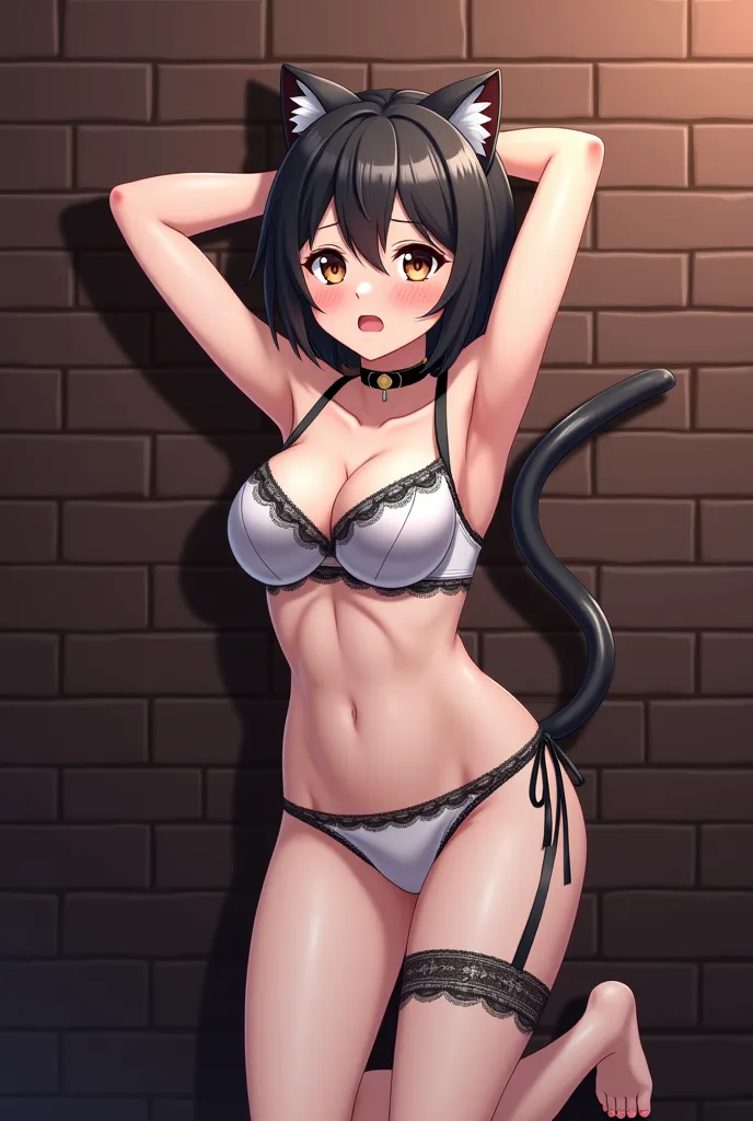 1 girl, cat ears,  cat's tail ,  animal collar, liga, garters, underwear, hold Unity CG Extremely Detailed 8K Wallpapers with lace trim , side tie panties,  arms up, Restricted, Tied, Tied legs, caught, caught, Tears, crying, brick wall, string, indoors,  ...