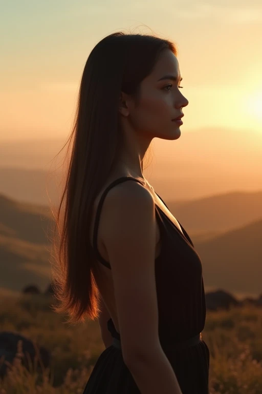 A sexy girl with long straight hair looking to the horizon 