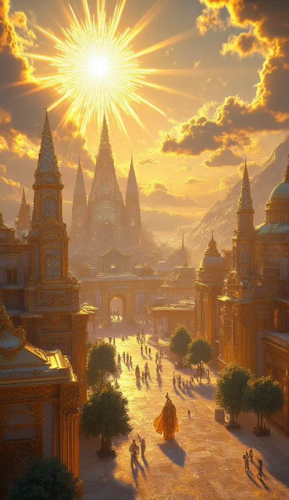 Generate a sprawling high-fantasy city bathed in eternal golden sunlight, inspired by celestial theocracies and solar grandeur. The scene centers on Dawnfall, Capital City Nova Lumina (City of the Eternal Sunrise) , with these key elements:
Architecture: T...