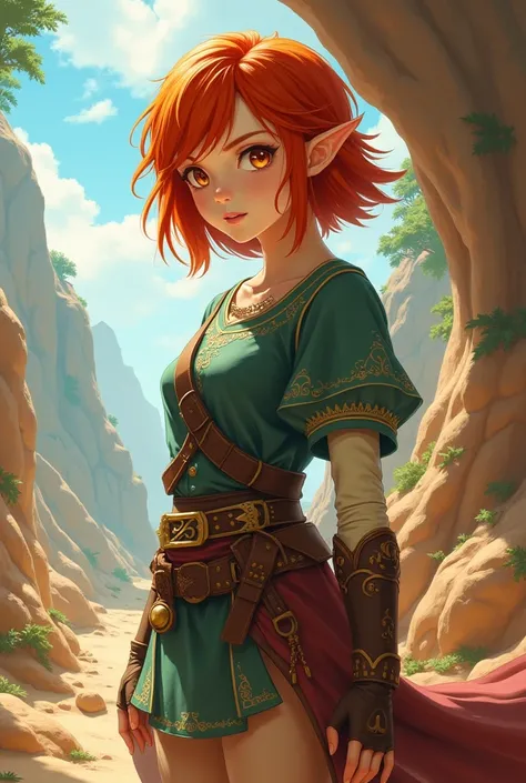 “The red-haired (short hair) half-elf girl, . She is wearing Herudian clothes from The Legend of Zelda — that one, that Link wore in Gerudo. fantasy themed, anime style.”