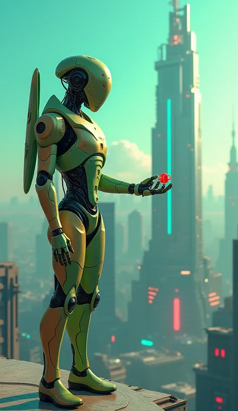 Futuristic wallpaper,  Backdrop: Technological city, front view: a minimalist humanoid robot based on XRF technology (colors green, gypsy, orange), Fullbody angle, The robot shows its hand with an object in the shape of an atomic structure