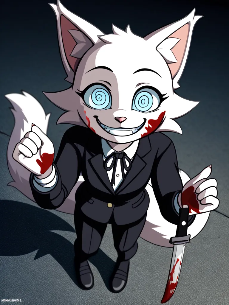 Wenda、full body、Solo、 score_9、 score_8_up、 score_7_up、feline、cat、anthro、furry、female、white fur、(heavily shaded white body, dark black shading on body, white body)、blood on body、holding a knife in hand、fluffy tail、psychotic smile、(wide eyes、fully open eyes ...