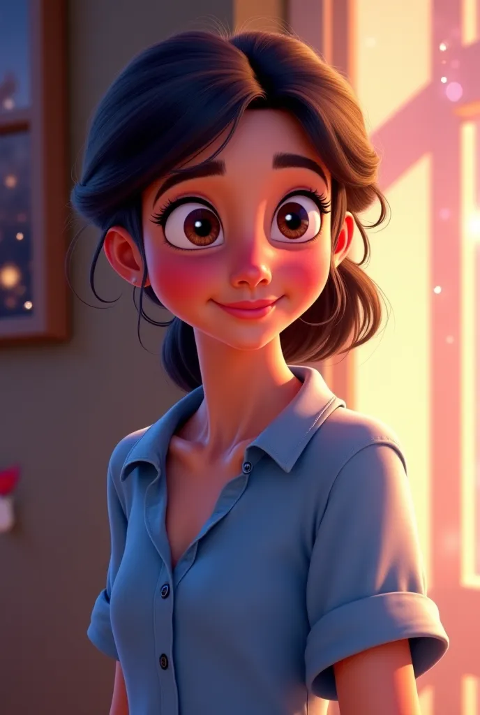 Here’s an updated version of your picture as a Disney-style poster:  

**A Disney-inspired animated portrait of a young woman with a sweet, gentle smile and bright, expressive eyes. Her dark hair is pulled back into a loose, flowing ponytail, with a few so...