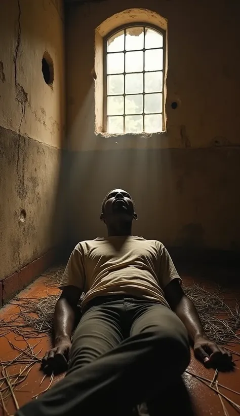  first-person perspective t-shirt (throw) African slave in Brazil in the year 1930,  lying on the floor  (he just woke up ) Straws on the floor, walls with holes, he must be looking up the roof a bit - ultra realistic