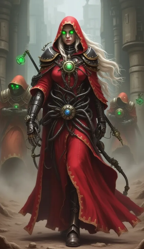 Warhammer 40k adeptus mechanicus youg woman walking solo to the viewer on a battle from w40k lore and wearing a 40k-tech-priest robe with additional mechanic arms. (The character has long two toned blonde and white hair).