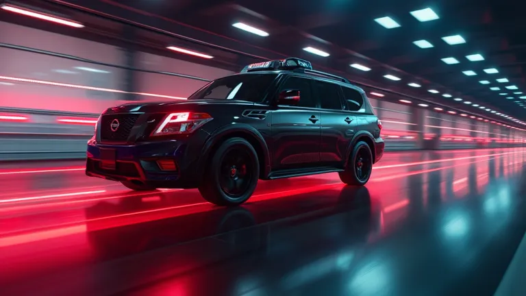 A cinematic ultra HD 8K image of a Nissan Patrol Nismo 2026 with motion blur effects, as if it's accelerating inside a high-tech showroom. The lighting creates a dynamic look, showcasing its aerodynamic body and bold design.  
