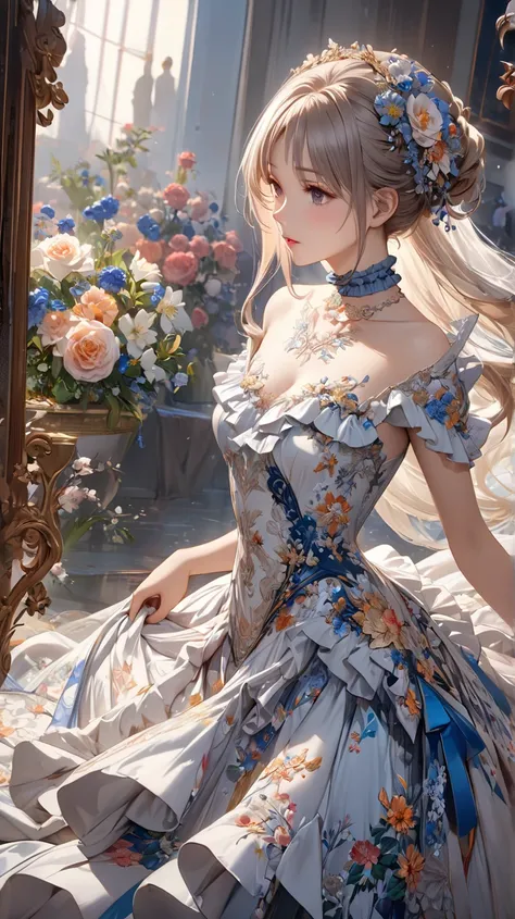 (( best quality )),(super high definition),( tall very detailed ),(  detailed description ),((  best CG  )),(  Best Works of Art  ),  ultra-precise art, Amazing Painted Art ,( Exact Detail Art  :1.5),  lady,   ,   ruffle choker  , Gorgeous Dress ,  Exquisi...