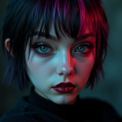 Macroview of an ultrarealistic instagram anime model,short punk style hair,gothic makeup,ultradetailed face anatomy,nikon 33 mm dslr shot,spot lighting.