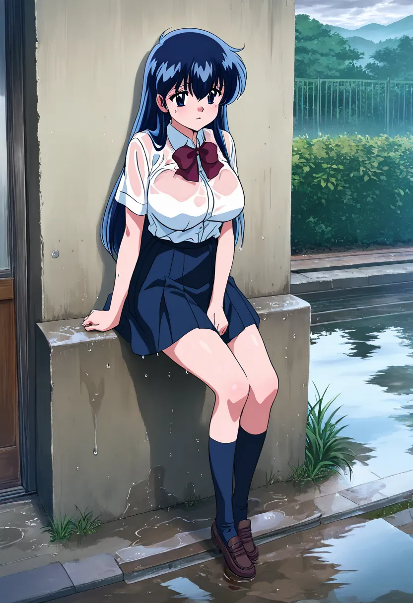 Japanese Magazine Cover, Cheonjo-in Katsura，Blue Hair，Japanese Girl , ,( Wearing school uniform,,),( Perfect Breast:1),，  Full Body ，Wet,  at school，Waiting for someone else，Rainy Day，leaning on a wall