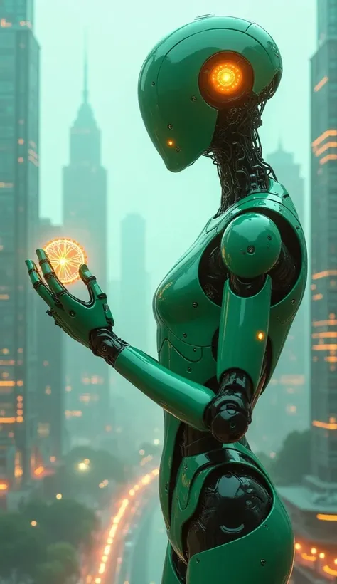 Futuristic wallpaper,  Backdrop: Technological city, front view: a minimalist humanoid robot based on XRF technology (colors green, gypsy, orange), Fullbody angle, the robot shows its hand with an object in the shape of an atomic structure, The object emit...