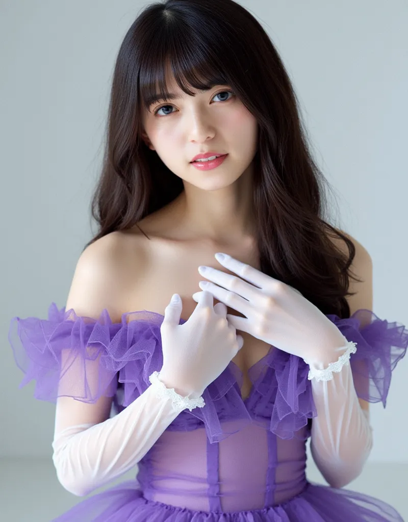 a young woman, Asuka. She is wearing a purple sheer dress adorned Off shoulder, deep V-neck, with ruffled trim, paired with white sheer gloves that have delicate ruffled edges. Her dark brown hair is styled in soft waves, long hair, bangs. Her skin is snow...