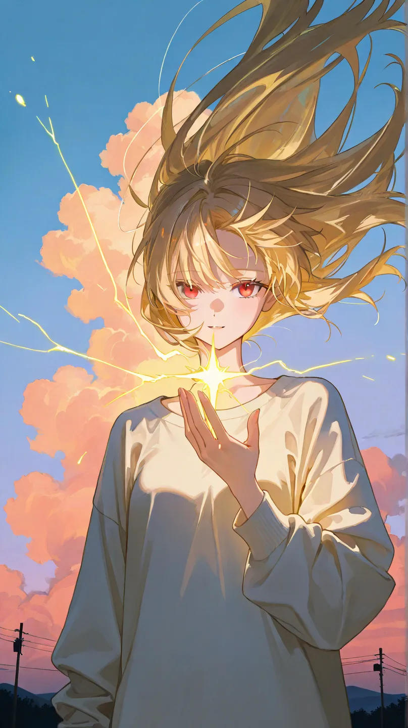 1girl, blonde,  light golden hair ,  fluttering in the wind , dark brown with red eyes,  red-brown eyes, Girl in a white voluminous sweatshirt, holding golden light, , a bunch of golden yellow energy in the shape of a heart, light in the palms, shine, rais...