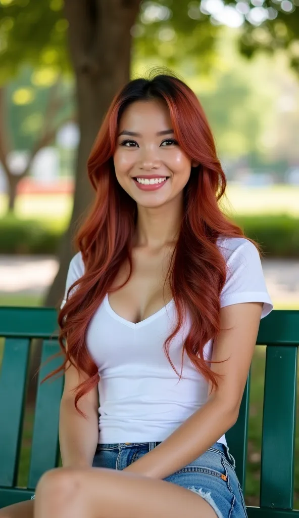  A beautiful indonesian woman, long-haired woman with natural red highlights, wearing a tight white T-shirt and casual shorts,  big cleavage , sitting relaxed on a green and beautiful park bench. The light of the afternoon sun shines on her softly smiling ...