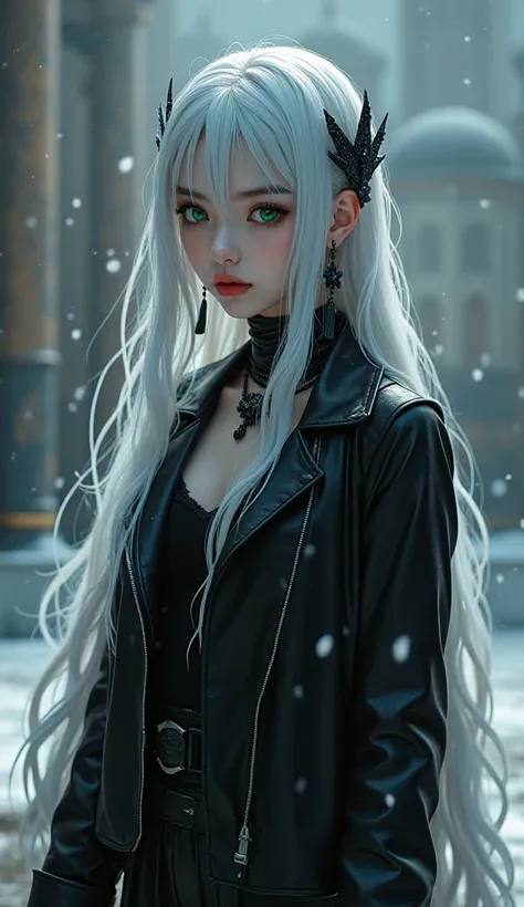  best quality, 8k, ultra quality, masterpiece, realistic image, ultra realistic, detailed shadows, detailed lights, delicate face, white clear wet skin, very long wet white hair reaches around the ground, glowing green eyes, wet red lips, black fingernails...