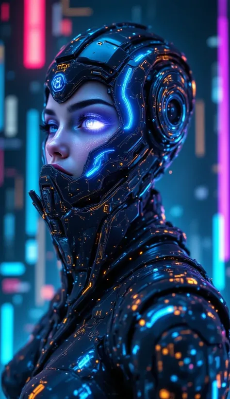 (protogen femelle),cyberpunk,mécanique,lueur des yeux,surface métallique,affichage numérique,Technologie de pointe,futuriste,lampe au néon,champ électromagnétique,arêtes vives,Design épuré,Créatures numériques,biomécanique,atmosphère mystérieuse,visière en...