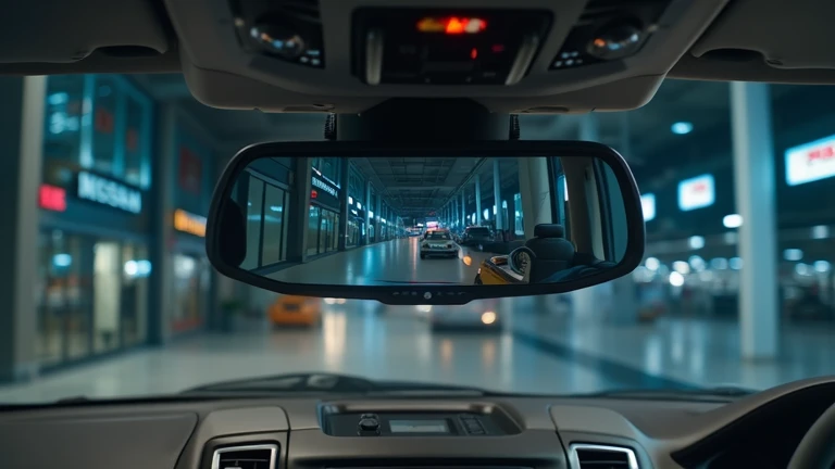 A cinematic ultra HD 8K image of a Nissan Patrol Nismo 2026’s rearview mirror displaying a digital camera feed. The ultra-wide display provides a crystal-clear rear view, eliminating blind spots, with the showroom’s sleek interior reflected in the glass.  ...