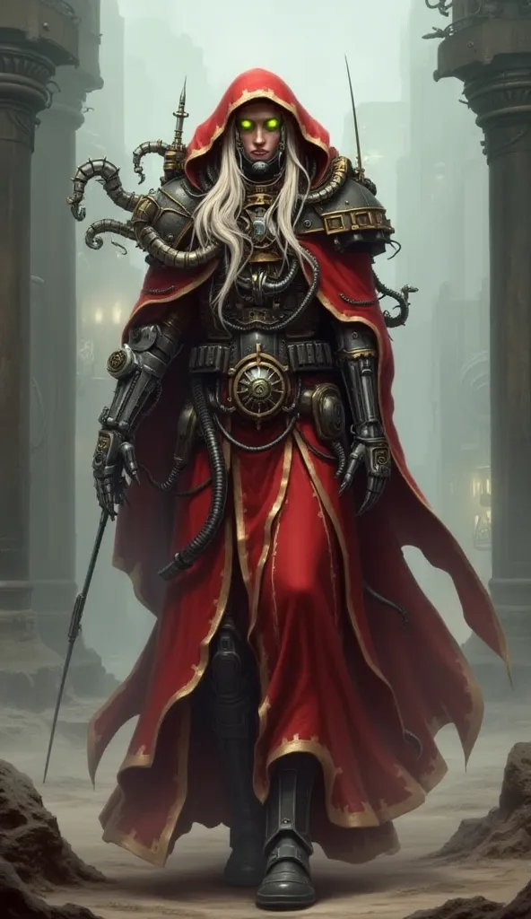 Warhammer 40k adeptus mechanicus youg woman (walking solo to the viewer) on a battle road from w40k lore and wearing a 40k-tech-priest robe with additional mechanic arms. (The character has long two toned blonde and white hair).