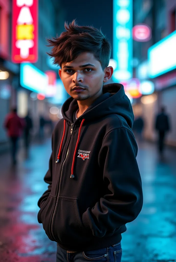 A  young boy with a serious expression, short messy hair, wearing a stylish hoodie and jeans. He stands in an urban street at night with neon lights reflecting on the wet pavement. His deep eyes show confidence and determination. Cinematic lighting, ultra-...