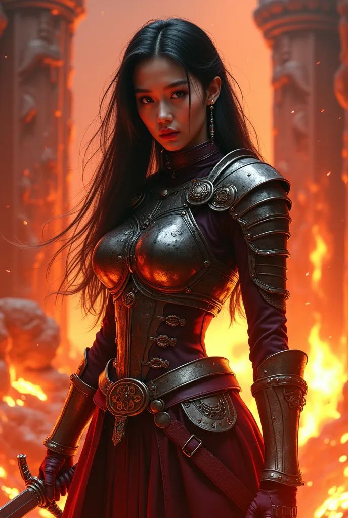 Outrageous resolution, masterpiece++, premium++, Ultra Definition++, 4k++, 8k++, (background focus)++, a Korean woman in her mid-20s, long black hair, big eyes, strong expression, beautiful, wearing a modernized interpretation of ancient British armor (sle...