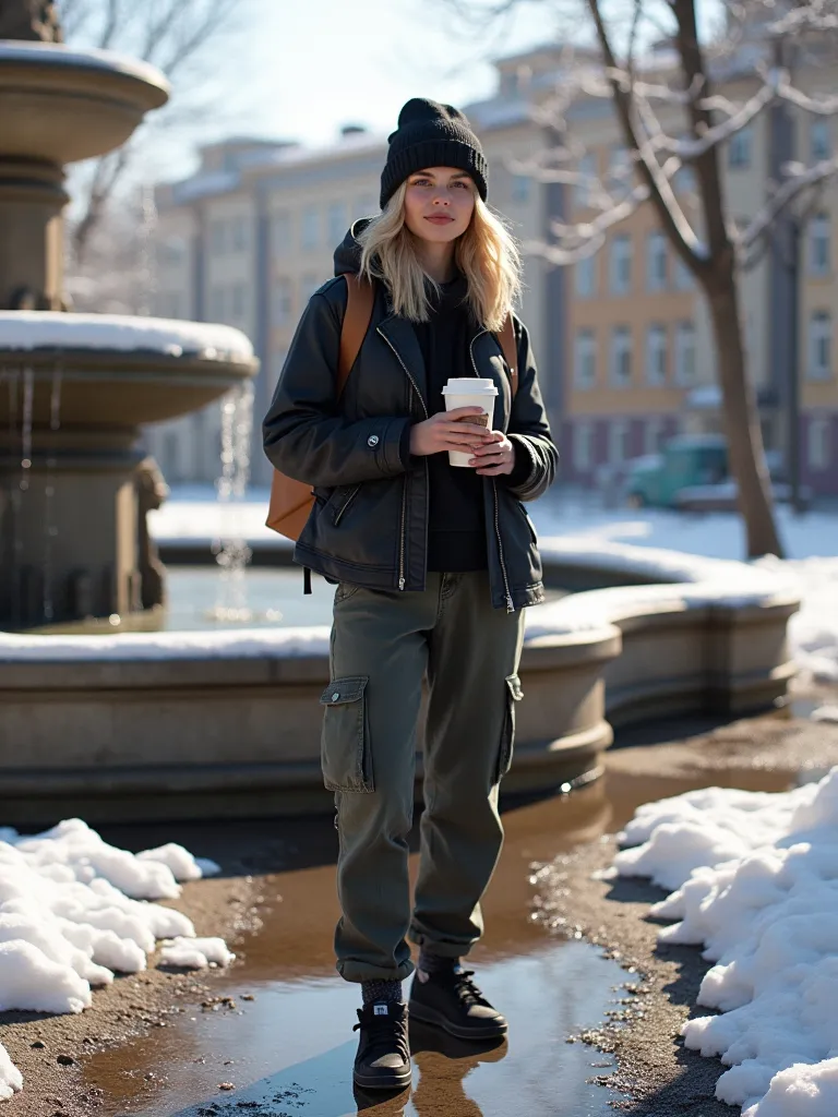 В стиле игры Life is Strange. Sunny spring. Moscow park. There are puddles on the ground and some snow. A young blonde woman. She is wearing dark-grey cargo-pants, black sneakers, a black leather jacket, warm white hoodie, and a black knitted wool hat. She...