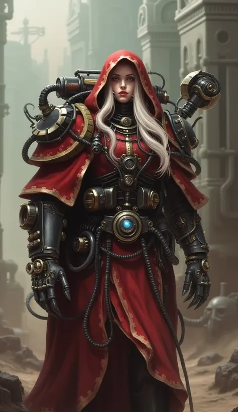 ((Hyperrealistic)) Warhammer 40k adeptus mechanicus youg woman (walking solo to the viewer), background on a battle from w40k lore and wearing a 40k-tech-priest robe with additional mechanic arms. (The character has long two toned blonde and white hair).