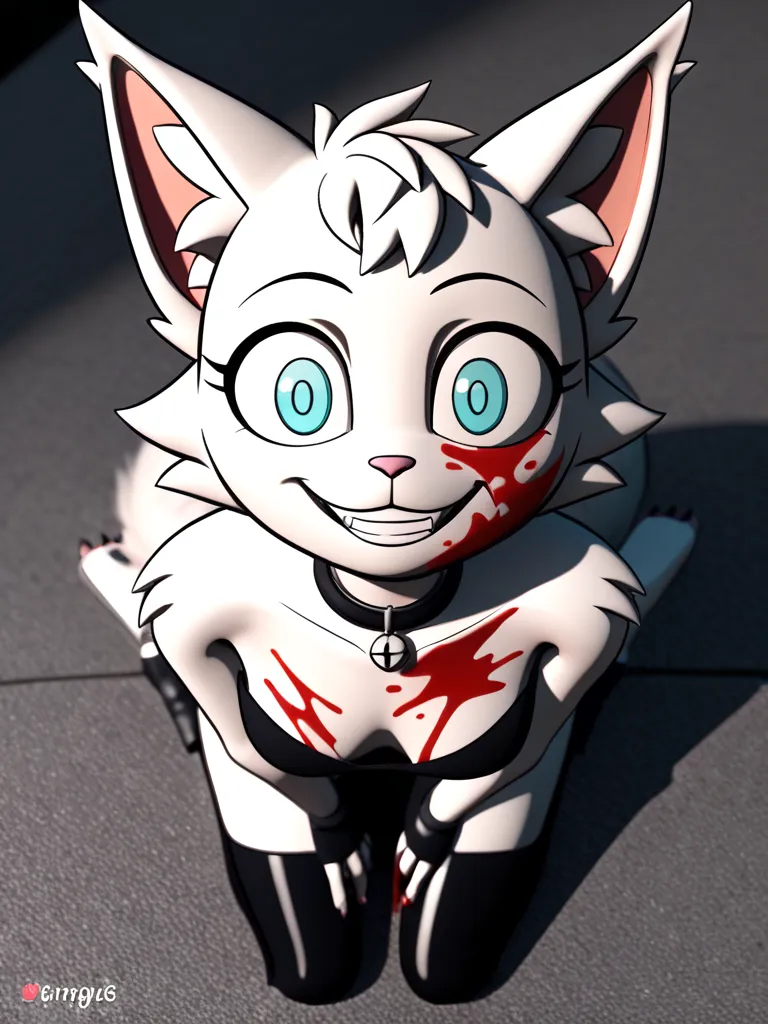 Wenda、full body、Solo、 score_9、 score_8_up、 score_7_up、feline、cat、anthro、furry、female、white fur、(heavily shaded white body, dark black shading on body, white body)、blood on body、holding a knife in hand、fluffy tail、psychotic smile、(wide eyes、fully open eyes ...