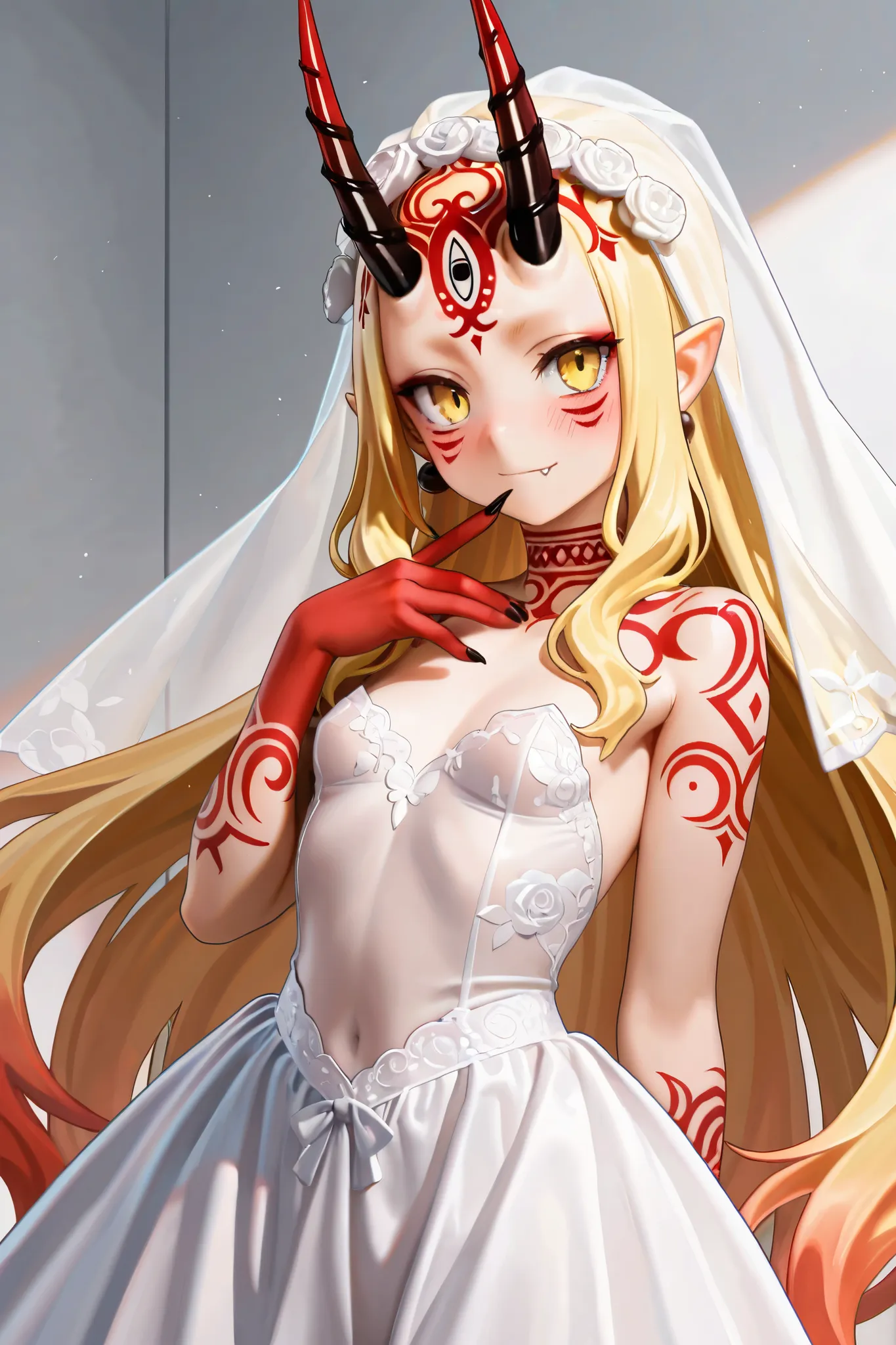 NSFW,masterpiece,Highest quality,Hi-Res,very detailed,Ibaraki Doji\(Fate/Grand Order),long hair、 Gold、side lock、yellow eyes、pointed ears、 face mark 、tattoo、 forehead mark、ghost、horn、Sharp Claws,wedding dress