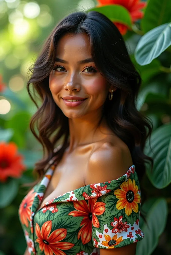 A Brazilian woman in a lush tropical garden,  wearing an open shirt with floral print, with a close up capturing the harmonious beauty between her breasts and natural flowers, showing her natural charm and outgoing personality.