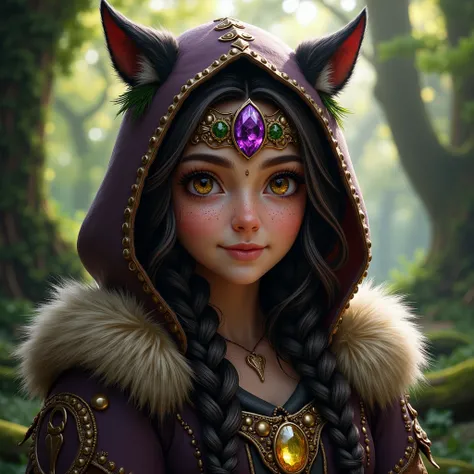 ultra realistic druid gnome, wolf head hooded leather brown studded armor with fluffy white fur!!! long braided dark brown hair!!, freckles, fantasy art, d & d, intricate ornate details, amethyst gem, floral headband, photorealistic portrait, smile, pretty...