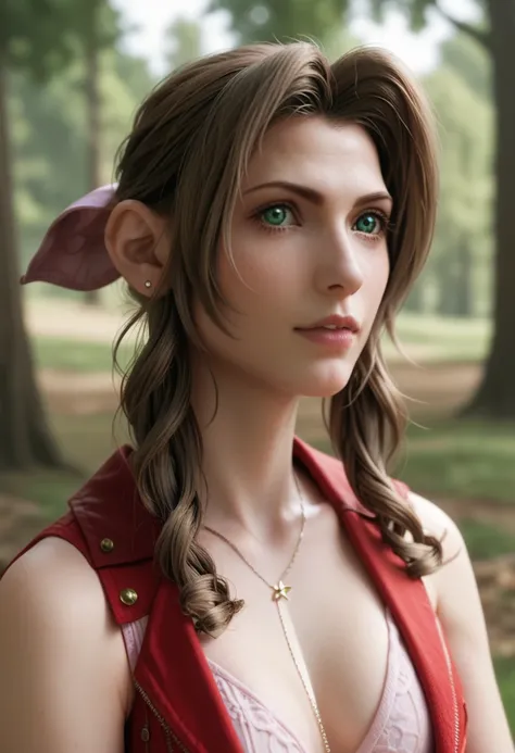 Aerith, big-haired and curly, green eyes, large abdomen , coxas grossas curadas news no jardim, in the middle of the woods, new.