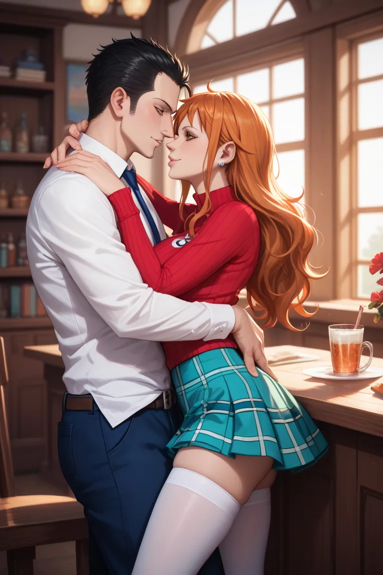 Nami from One Piece dressed as a sexy student, with a brown plaid skirt, and white padded thigh-high tights, using a mustard colored sweater, having sex and kissing a man, In Pose 4 as a puppy 