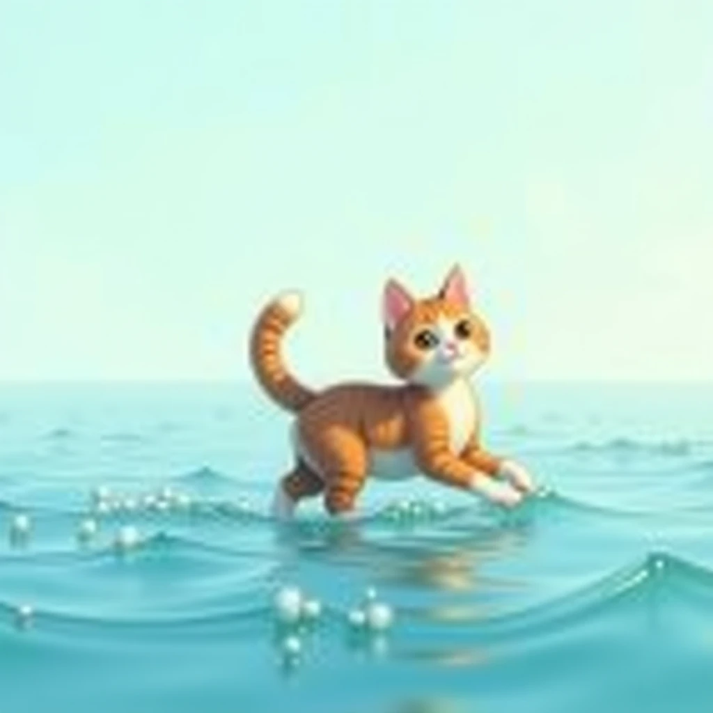 The cat is walking and meowing along with the moving waves 