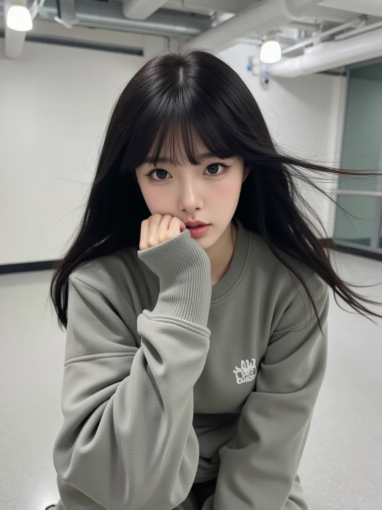 A Chinese, black haired girl with bangs, big boba like eyes, pretty mouth, stunning, alluring beauty, best visual ever, pale skin, unique visual, fierce look, realistic, casual, trendy, instagram post, in kpop company building, modern,in a little dance pra...