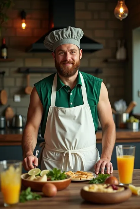 An Irish Man, Green sleeveless casual shirt, Wearing a white chef's apron, Wearing a typical Irish newsboy hat, Wearing a typical Irish men's kilt, There was a luxurious dining table right in front of him, There are plenty of typical Irish halal foods on t...