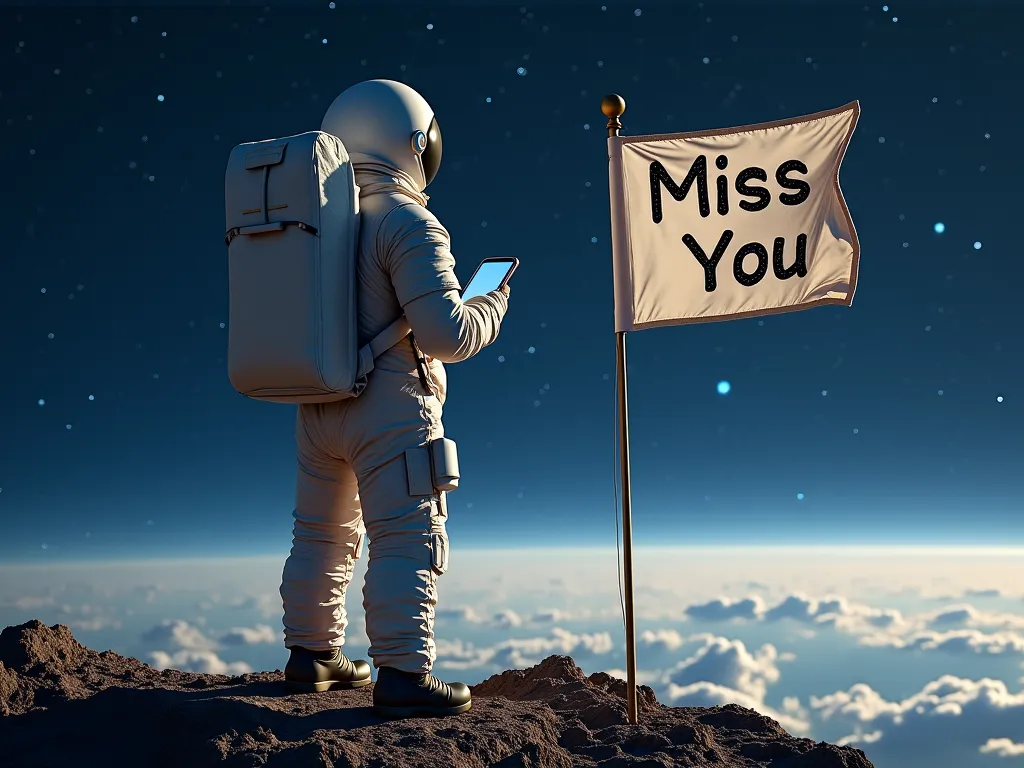 Man wearing astronaut suit,standing on the starry,But it seems to float away.,Look at the world,((, stand facing back)),In hand there is a mobile phone.,has a frame floating out of the mobile that sends a message but does not read it.,Standing next to a fl...