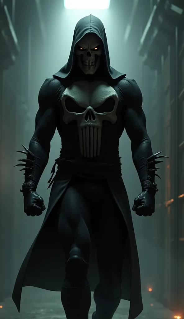 The Marvel Punisher wearing a black Ninja costume and Hannya mask walking toward the camera  