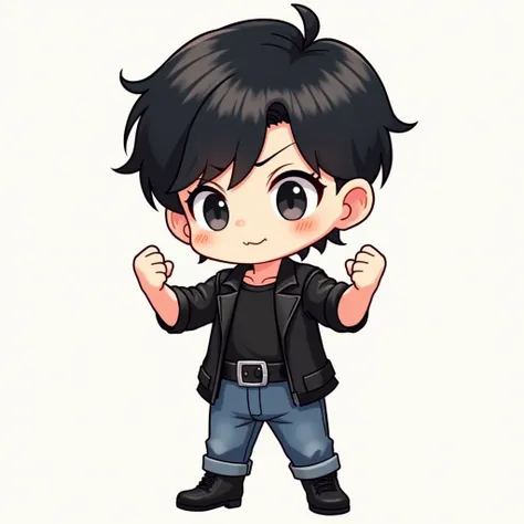    anime, cartoon,Chibi drawing, age boy Tall1, Korean style short hair , dandy cut hairstyles , black hair colour ,Double Ears Pierced , Make a face,with a sly smile,Both arms make a fist pose,มีอมยิ้ม🍭ติดอยู่บนหัว,Wearing a black leather dress,Black inne...