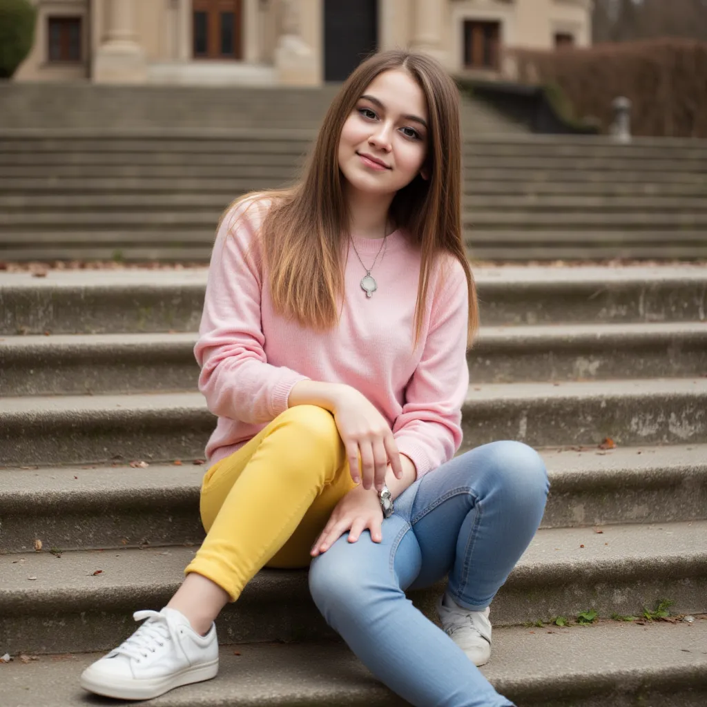 woman sitting on the stairs. Has a pink sweater on. A yellow pair of jeans and sneakers style photorealistic,  sharp focus, very detailed,  full body