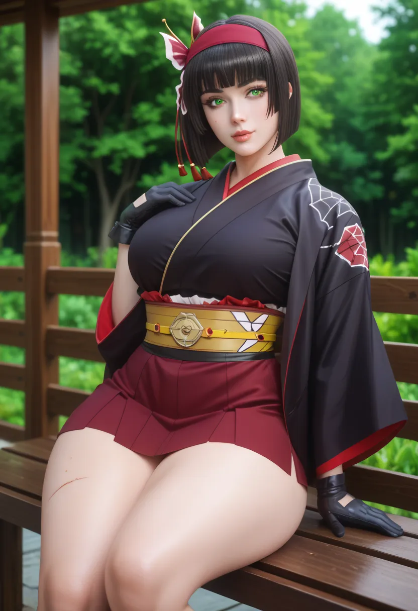  short black hair,  green eyes,    medium-large abdomen with scars   ,    red kimono   , yellow belt,  thick thighs,   big sexy black gloves  ,   sitting on the bench  ,  thick thighs,  big ,    large neckline showing breasts   , Marked abdomen ,  thick th...