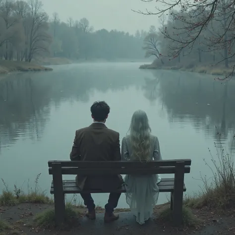 Man in a jacket sitting alone and lonely on an empty square bench by a lake ,while your beautiful ghost-shaped woman, Sit next to you to comfort you 