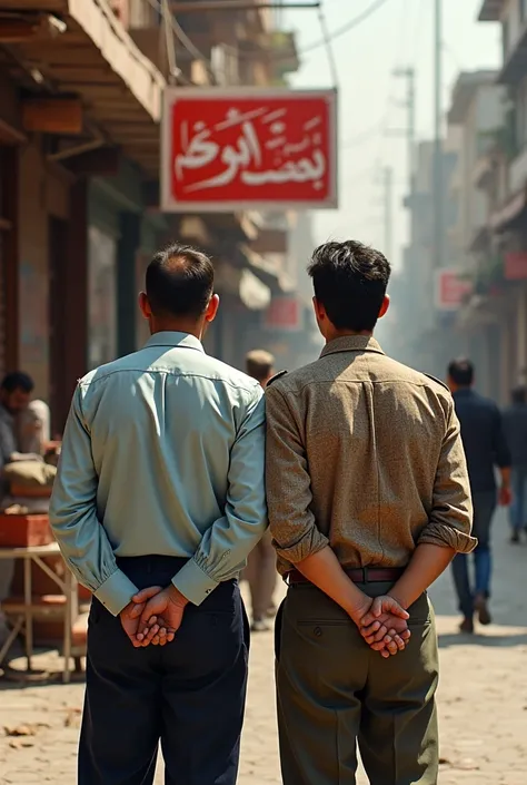 Two men with their backs to the camera advertising a curtain shop and the words "Erbil Curtain Shop in babol" are on the image