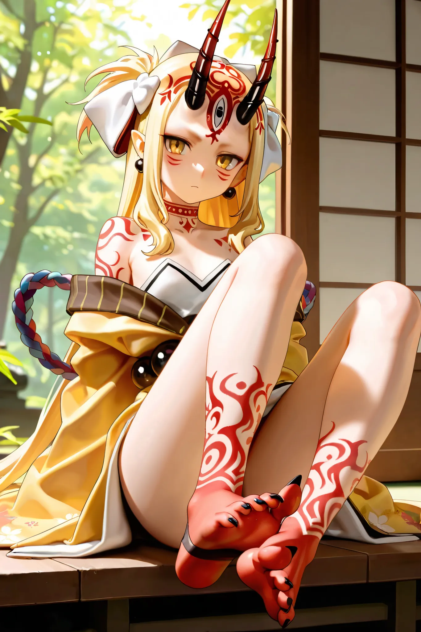 NSFW,masterpiece,Highest quality,Hi-Res,very detailed,Ibaraki Doji\(Fate/Grand Order),long hair、 Gold、side lock、yellow eyes、pointed ears、 face mark 、tattoo、 forehead mark、ghost、horn、Sharp Claws, kimono、 yellow kimono、Head ornament、earrings、gem、 Biz 、off sh...