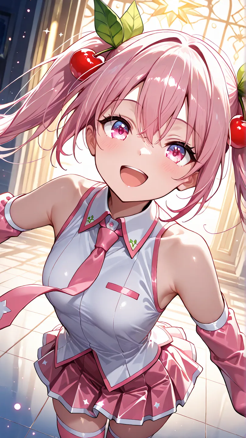 ((detailed eyes)),((correct_anatomy)), soro, sakuramiku, :d , twintails, food-themed hair ornament, cherry, white shirt, sleeveless shirt, pink necktie, pink sleeves, detached sleeves, pink skirt, pink thighhighs, bare shoulders, dancing, very aesthetic, a...