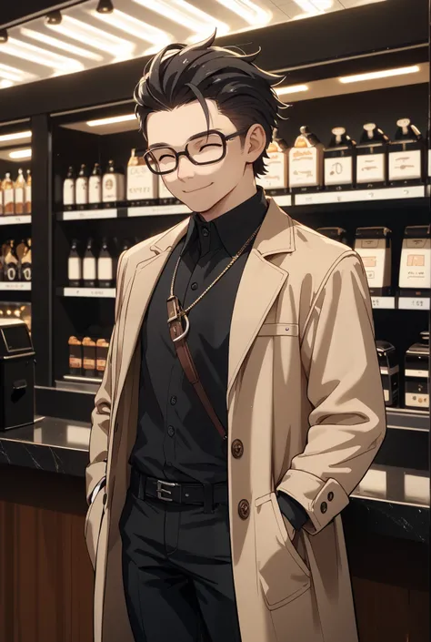 (short haired all back),smile,[male],(sling),eyes are closed,black hair, dark eyes,Age 30, Glasses, antique coffee shop, standing, black shirt with collar, black pants ,(Beige Half Coat),anime style,2D,One person