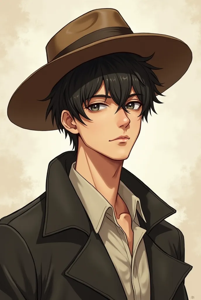 Anime guy wearing a brown hat, small chin beard