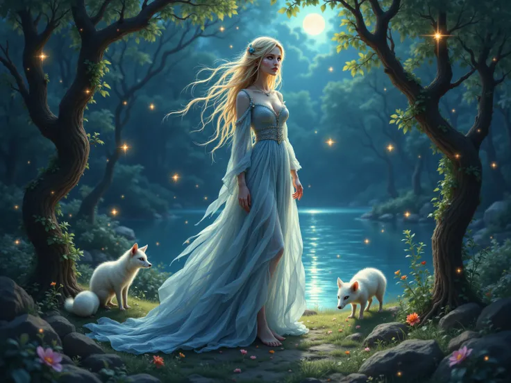 she stands in a serene, moonlit grove beside a shimmering lake, her porcelain skin glowing softly under the silver light. Her hair shifts between summer blonde and winter brunette, cascading in soft waves down her back, with faint carnation highlights catc...